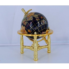 Unique Art 80-GT-BLACK-GOLD 6-Inch by Black Onyx Ocean Mini Table Top Gemstone World Globe with Gold Tripod