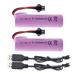 PUOO 2PCS 3.7V 2000mAh SM-2P Plug Lithium Battery with USB Charging Cable suitable for DE68 DE44 DE45W DE45 DE58 DE49 DE57 DE70 Off-Road Vehicle Truck Tank RC Toy Car Spare Batteries