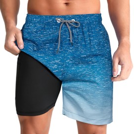 zeetoo Mens Swim Trunks with Compression Liner 5.5" Quick Dry Swim Shorts with Zipper Pockets Bathing Suit Gradient Blue White L