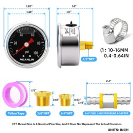 MEANLIN MEASURE 0-100Psi Stainless Steel Glycerin Filled Pressure Gauge 1/8" NPT 1.5" Black Dial, with 3/8" Barb Pressure Adapter Liquid Filled Pressure Gauge (9Pieces Kit, Back Mount)