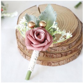 King Ma Boutonniere for Men, 2pcs Handmade Wrist Corsage for Prom Wedding Artificial Rose Flower Bride Bridesmaid Boutonniere for Party Homecoming (Bean Paste)
