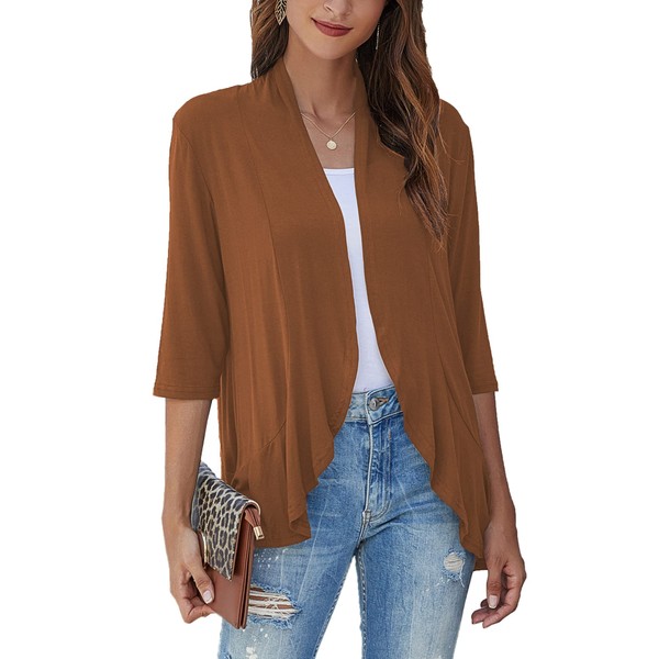 Bluetime Women Causal Blazer 3/4 Sleeve Draped Ruffles Soft Knit