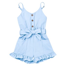 KAFIREN - Mameluco de una sola pieza con volantes y bolsillo de verano para niña pequeña, de KAFIREN de 6 meses a 5T, Azul, 3 Años/4 Años