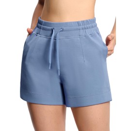 The GYM People - Pantalones cortos de chándal con cordón para mujer, de cintura alta, para entrenamiento de verano, con bolsillos, Azul Tinta*, M