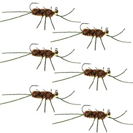 The Fly Fishing Place Tungsten Bead Jigged Pat's Rubber Legs Nymph Fly Fishing Flies - Coffee/Tan with Olive Legs - Trout and Bass Wet Fly Pattern - 6 Flies Hook Size 10