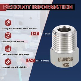 Kozelo Pack of 2, 3/8" Male NPT to 1/4" FeMale NPT Solid 304 Stainless Steel Hex Bushing, Hose Fittings Adapter Reducer for Pipe Leak Repair, Bathroom Remodeling, Tool Extensions