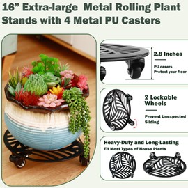 1 Pack 16 inches Extra-large Metal Plant Caddy with Wheels Heavy-duty Iron Rolling Plant Stand with Casters Indoor Outdoor Wheeled Plant Roller Base Pot Movers Plant Dolly Coaster Trolley Black
