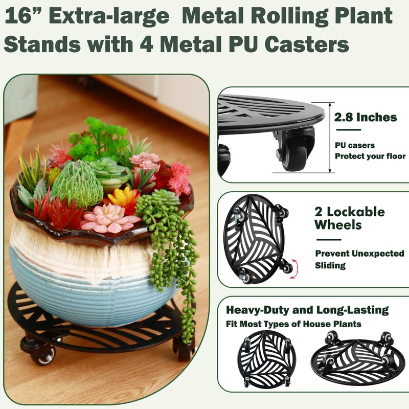 1 Pack 16 inches Extra-large Metal Plant Caddy with Wheels