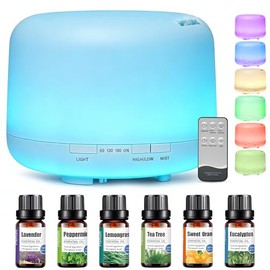 Salandens Difusor de Aceites Esenciales 500ML, Difusor de Aromas con 6 Aceites Esenciales, Humidificador de Aire con 7 Colores de Luz Led, 2 Niveles De Niebla y Control Remoto, para Casa y Oficina