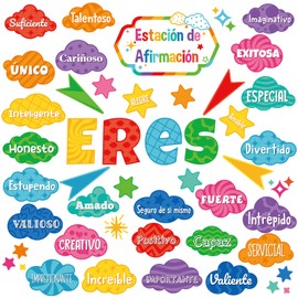 Mooliwe 45 Pcs Spanish Themed Classroom Decoration Spanish Words and Phrases Poster School Decor Cutouts Classroom Motivational Decor for Teacher Student School Office Home Themed Party (Clouds Style)