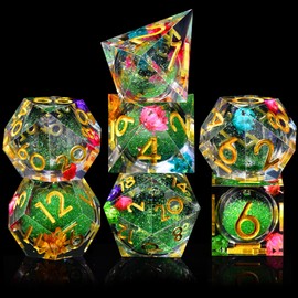 AUSTOR Liquid Core Resin DND Dice Sharp Edge Polyhedral Dice 7-Die DND Dice Set Quicksand Handmade Resin Dice for Dungeons and Dragons RPG MTG Table Games, Green Sand & Flower