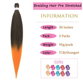 Ombre Orange Braiding Hair Pre stretched 30 Inch 3 Packs Pre stretched Braiding Hair Ago Yaki Texture Synthetic Hair Extension Itch Free Hot Water Setting(30", T1B/Orange#,3Packs)