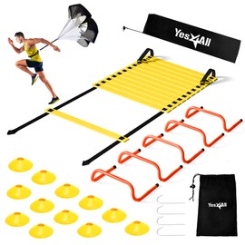 Yes4All Speed Training Equipment Set: 15ft Agility Ladder, Resistance Parachute, 5 Agility Hurdles, 12 Disc Cones with Carry Bag/Strap