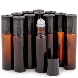 12 Pk, Amber, 10 ml Glass Roll-on Bottles , Stainless Steel Roller + 3 Droppers