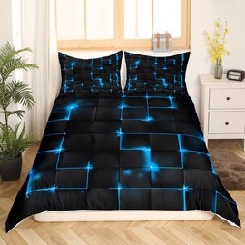 Abstract King Duvet Cover Set, 3D Modern Plaid Square Grid Geometry Comforter Cover with 2 Pillowcases, Blue and Black Neon Light Lines Geometric Breathable Polyester Bedding Set for Kids Boys