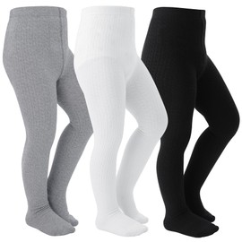 Coziwill Toddler Stockings - Seamless Soft Cotton Cable Knit Baby Girl Tights Leggings 4-6 Years 3 Pack (Black+Grey+White, S)