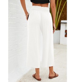 GRAPENT High Rise Linen Pant Trousers Woman Elastic Smock Waist Wide Leg Pants for Women Summer Capris Plus Size Capris for Women Color Off White X-Large Size 16-18