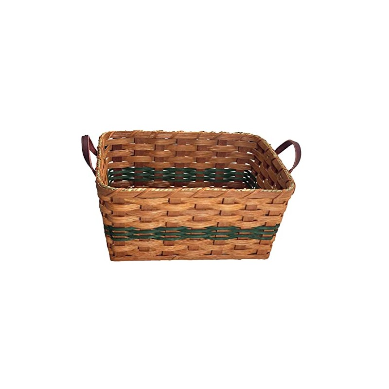 Amish Knitting-Sewing Oak Rectangular Storage Basket With Handles (Green)