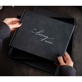 in Loving Memory Funeral Guestbook w/Pen & Box (Design 3) - 9.5 x 7 Black Hardcover with Sliver Embossing, 60 Lined Pages - Memorial Service & Celebration of Life Guest Book Keepsake