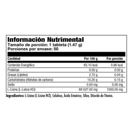 L-lisina KAL 50 Tabletas Lisina Suplemento Nutricional Sin Sabor Vegano