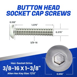 3/8-16 x 1-3/8" Button Head Socket Cap Screws 18-8 Stainless Steel, Quantity 10, Allen Hex Drive by Fastenere