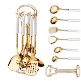 Gold Kitchen Utensils,7pieces Gold Cooking Utensils Set,Kitchen Tools Set With Utensil Holder, gold kitchen accessories,Dishwasher Safe, Easy To Clean(White)