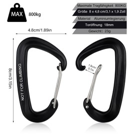 Pack of 4 Carabiners, Large, 8 KN 800 kg, Black Aluminium Carabiner, Large for Backpack, Belt, Camping, Hiking, Travel