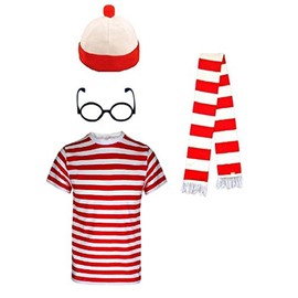 Kids Girls Boys Wheres the Nerd Red and White Striped Geek World Book Day 3 or 4 Piece Costume