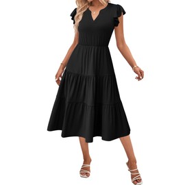 Zeagoo Black Dress for Women Summer Casual Sundresses Short Sleeve Midi Dress V Neck Womens Tiered Dresses with Pockets Long Dress A-Line Dresses M