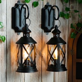 TRIROCKS Set of 2 Battery Powered Metal Lamp 10'' Tall Decorative Cordless Table Lamps LED Edison Lights Hanging Lamps with Metal Hook for Home Decor Patio Garden Wedding Parties Indoor Outdoor(Black)