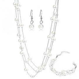 4 Pieces Layered Simulated Pearl Necklace Bracelet Earring Set Multi-Strand Bridal Choker Wedding Jewelry for Bride Bridesmaid White Pearl Necklace Pearl Earring for Women Beaded Wedding Jewelry