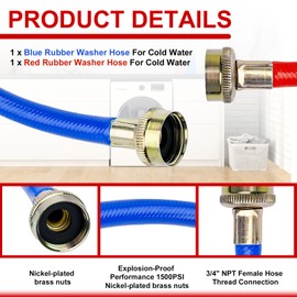 Cenipar 6FT Rubber Washing Machine Hoses Burst Proof 2 Pack For Hot and Cold Water 3/4" NPT Connection Water Supply Lines Fit for ALL Washing Machine