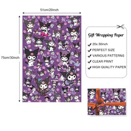 HOOKTA Pack of 5 Kitty Kuromi Wrapping Paper 51 x 75 cm Kraft Paper Durable Kitten Wrapping Paper for Children's Birthdays, Parties, Festive Decoration (Purple Rabbit)