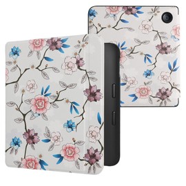 kwmobile Flip Case Compatible with Kobo Libra 2 Case - eReader Case - Flowers and Leaves White Pink Blue