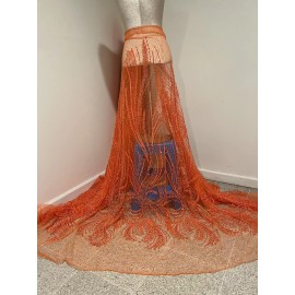 wowfabric4less123 Orange  Beaded Sequins Embroidery Bridal Lace Fabric 50” Width Sold By Yard