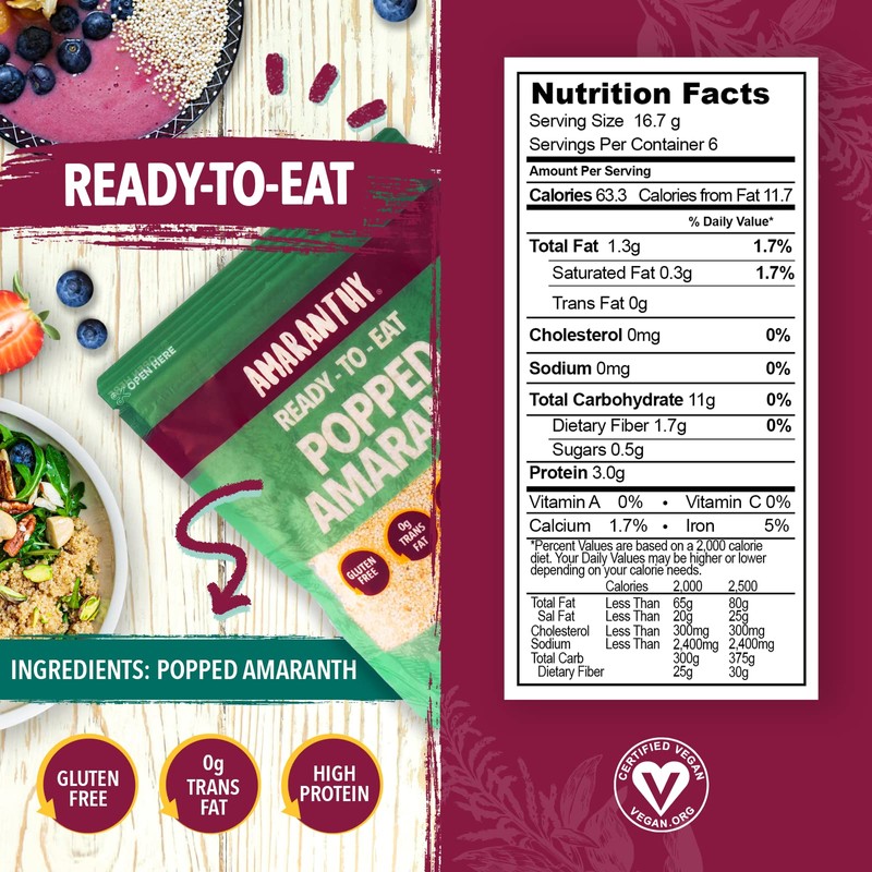 Amaranthy Ready-to-eat Popped Amaranth Bag (3.53 oz) - High Protein