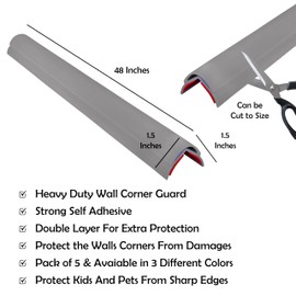 Rubber Bond Wall Corner Guard Edge Protector, 48 inch Heavy Duty Baby Proofing Corner Guards | Self-Adhesive Furniture Edge Strips for Home & Office (5, Grey)