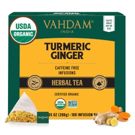 VAHDAM, Organic Turmeric Ginger Herbal Tea Bags (100 Pyramid Tea Bags) Caffeine Free, Non GMO | 100% Pure Herbal Blend - Savory & Spicy, Plant-Based Teabags | Resealable Ziplock Pouch