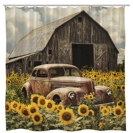 Farmhouse Rustic Truck Shower Curtain Sunflower Antique Cabin Farm Life Country Western American Barn Floral Old Tractor Vintage Bathroom Curtains Set Polyester Fabric Hooks 70" W x 70" L