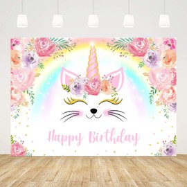 ABLIN 7x5ft Rainbow Unicorn Cat Happy Birthday Backdrop for Girls Pink Flowers Unicorn Cat Colorful Rainbow Photography Background Baby Girl Birthday Banner Photo Shoot Props