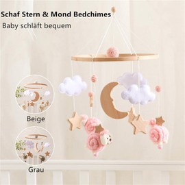 Wooden Star Moon Sheep Bed Bell, Baby Cot Sleeping Toy Bed Bell, for Baby Cot Bed (Beige)