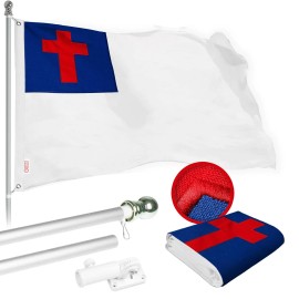 UD_G128 Combo Pack: 5 Ft Tangle Free Spinning Flagpole (Silver) & Christian Flag 2.5x4 Ft Embroidered 220GSM Spun Polyester, Bra