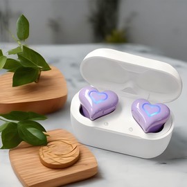 Cute Heart Shaped Cordless Earbuds, Bluetooth 5.3 Water Resistant Cordless Earphone, 6 Colors Gradient Lights with Charging Case, for Sport Travel (Amethyst)