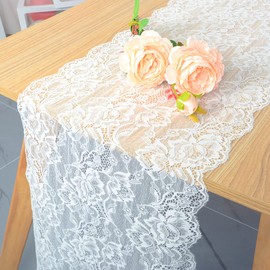 Pardecor Vintage Lace Table Runner 12x120-Inch Wedding Bridal Lace Table Runners Flower Table Runner Tea Party Tablecloth White Lace Runner