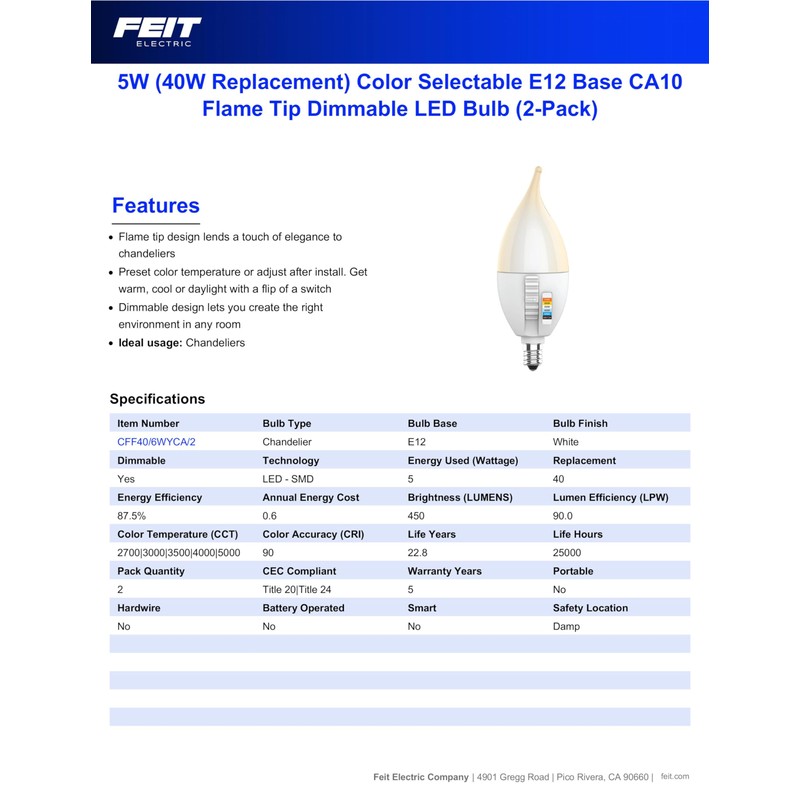 Feit Electric CA10 LED Candle Bulb Flame Tip, 40W Equivalent,