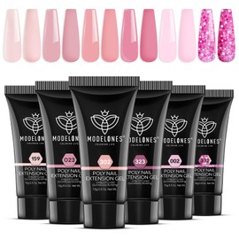 Modelones Polygel Gel Extension Set with 6 Colours, Nude Pink Glitter Poly Gel Nails, DIY Set, Quick Building Acrylic Gel for Nail Art, Nail Design, DIY