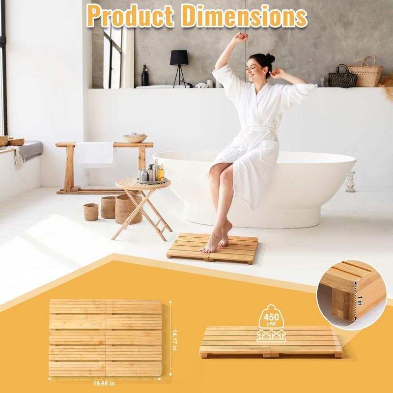 Foldable Bamboo Bath Mat for Shower, 19.68" x 14.17" in