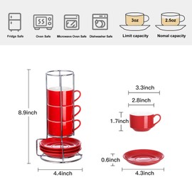 CHILDIKE 2.5oz Espresso Cups Set of 4, Small Stackable Coffee Cups with Saucers and Metal Stand, Ceramic Demitasse Cups, Cappuccino Cups for Coffee Drinks, Latte, Red