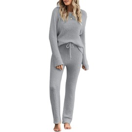 luvamia Lounge Sets For Women Fuzzy Two Piece Pants Set For Women Fleece Knitted Long Sleeve Pj Loungewear Womens Pajamas Grey Size Small Fits US 4-6