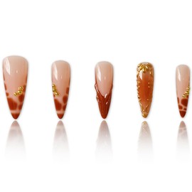 24Pcs Almond Press on Nails Brown French Tip Fake Nails Floral Ripple Tip Medium Length False Nails for Women Full Cover Glue on Nail with Gold Peal Designs Reusable Acrylic Nail